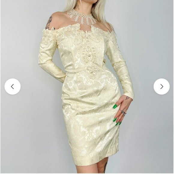 Jessica McClintock Dresses & Skirts - Vintage Jessica McClintock Ivory Lace Dress 6 Off-Shoulder Beaded Bridal Mini